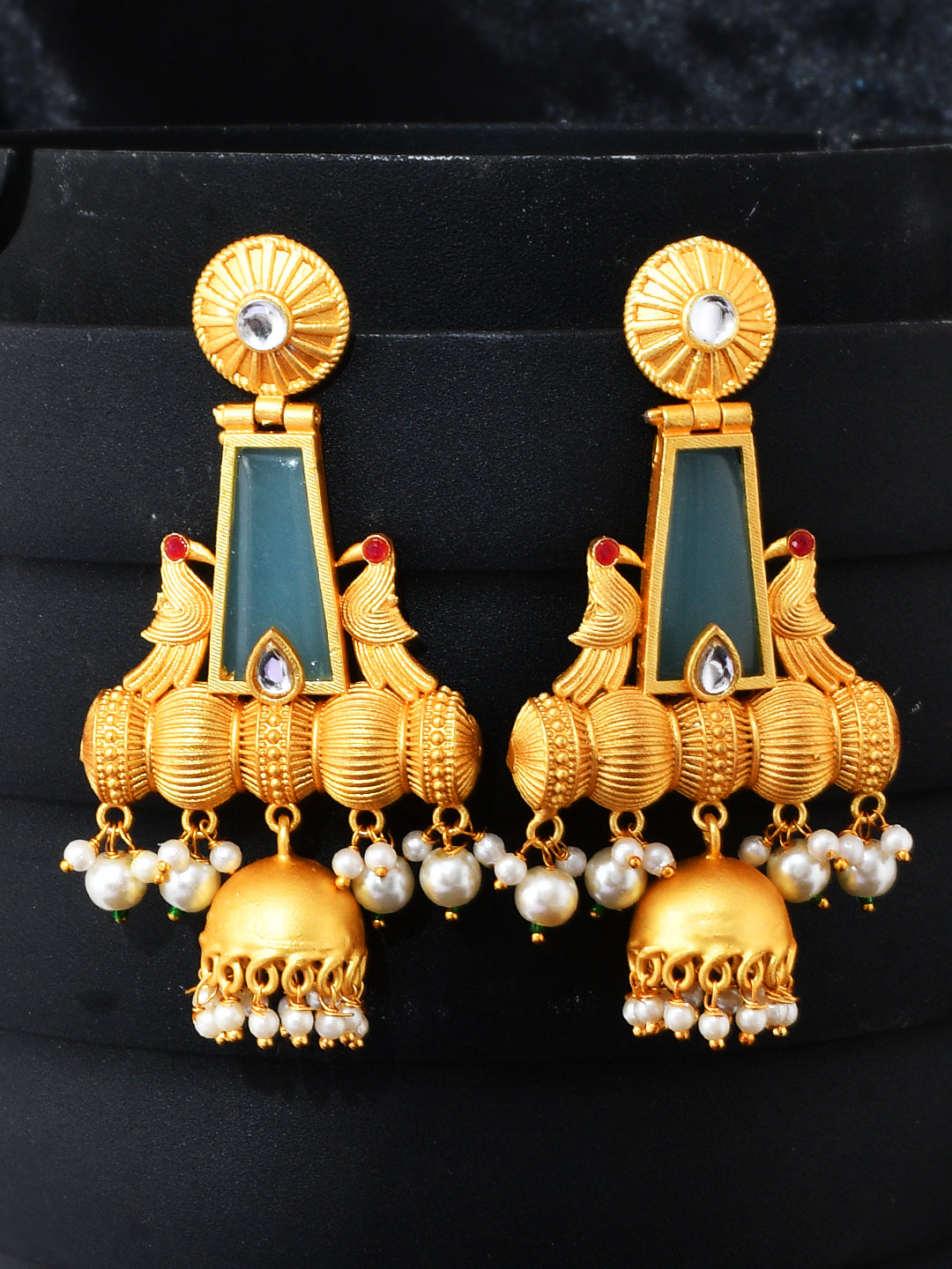 Matte Gold Finish Chandbali Earrings with Emerald and Pearl drops | Tr –  Indian Designs